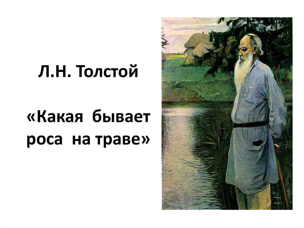 Какая бывает роса на траве ЛНТолстого - это рассказ-описание В нем автор повествует нам о том, насколько чудесно выглядит утренняя роса Роса - это капли