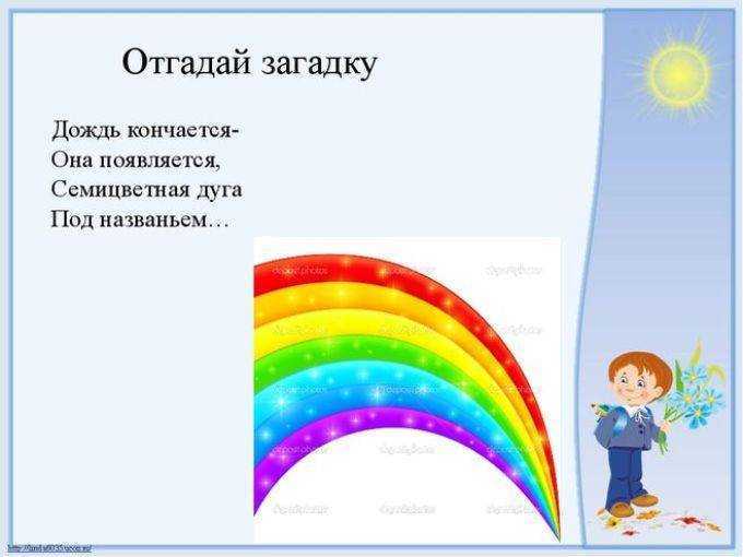 Приказало солнце: стой, Семицветный мост крутой Тучка скрыла солнца свет – Рухнул мост, и щепок нет Ответ: Радуга *** Овсом не кормят, кнутом не гонят, А как